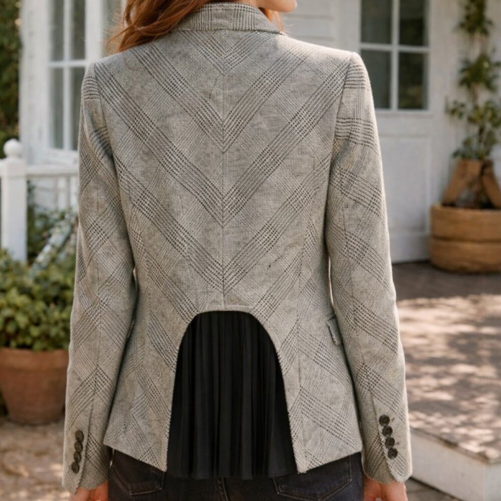 Iris Setlakwe Mixed Media Charcoal Wool Blend Plaid Cropped Back Pleated Jacket